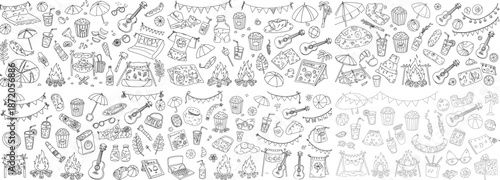 A fun summer illustration filled with hand-drawn elements like food, music, and beach essentials.