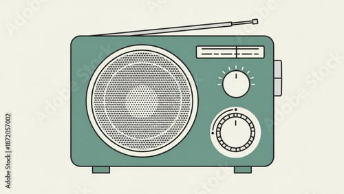 A green vintage radio with a long antenna on top and two dials on the right side for tuning and volume control with green radio with retro radio