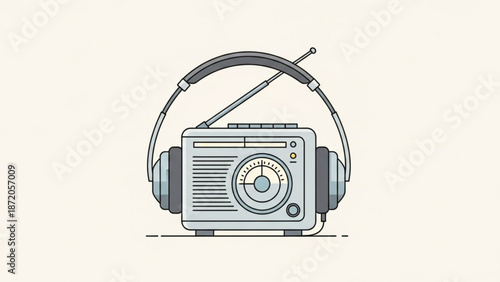 A gray and black illustration of a vintage radio with headphones on a white background with technology and entertainment and music with audio