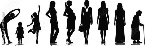 Black Silhouettes Set Representing Female Life Cycle Stages From Childhood and Pregnancy to Adulthood and Senior Age Isolated on White Background