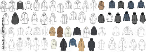 A diverse collection of winter coats in various styles, colors, and sizes for men and women.