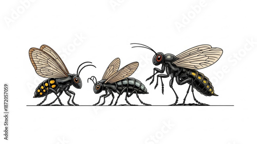 Three wasps with colorful spots on their bodies standing in a row facing each other on white background with insects and digital with cartoon