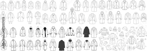 Collection of various winter coat designs featuring diverse styles and accessories for all genders.