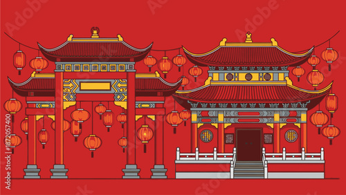 Illustration of a traditional Chinese temple with ornate roofs and lanterns on Kuda Chine's Day, showcasing cultural architecture and vibrant red tones.