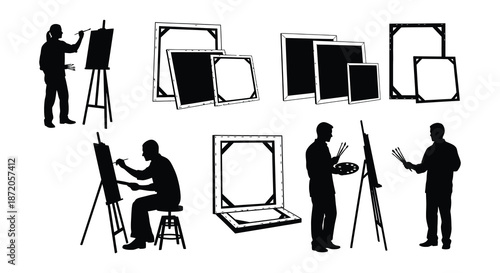 Black silhouette art supplies and artist painting at an easel