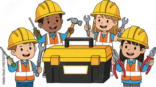 Diverse group of happy children construction workers wearing safety helmets and vests holding hand tools around a large yellow toolbox