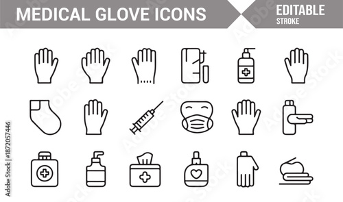 Editable medical gloves and hygiene icons collection