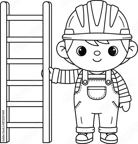 Cute builder boy coloring page for kids featuring a young construction worker character holding a wooden ladder in line art style