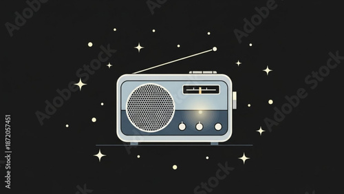 Vintage radio with antenna on black background with stars and sparkles around it emitting light with radio on black background with retro style