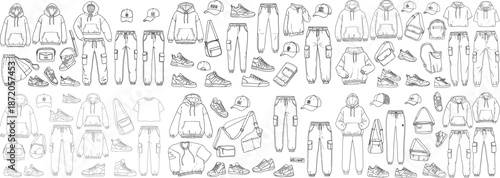 Stylish streetwear collection featuring hoodies, joggers, caps, and sneakers in a monochrome sketch style.
