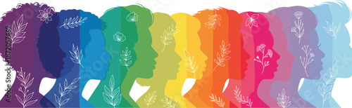 Diverse group of colorful silhouettes profile view with floral line art elements representing LGBTQ community pride inclusion unity and human rights