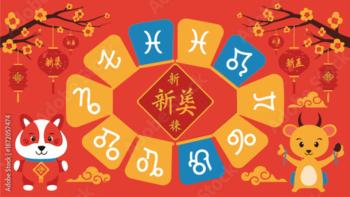 Vibrant illustration of a dancing lion with musical notes on a red background, conveying a joyful and festive mood with a flat design style.