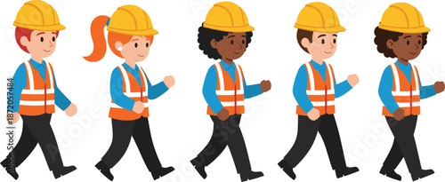 Diverse group of male and female construction workers in safety vests and hard hats walking together on white background illustration