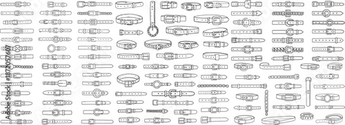 A detailed illustration of various belts, featuring diverse styles and designs in black and white.