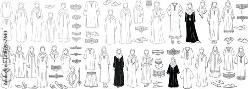 A diverse collection of traditional women's attire showcasing various styles and accessories in monochrome.