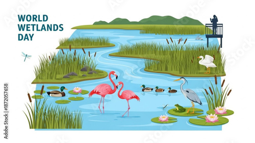 World wetlands day illustration with flamingos ducks and herons in a serene natural wetland environment with lily pads and grassy banks