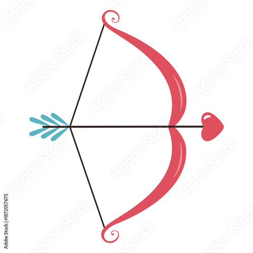Vector illustration of a Cupid bow with arrow and heart tip. Romantic flat design for Valentines Day, love symbol and romantic relationship concept, isolated on white background.