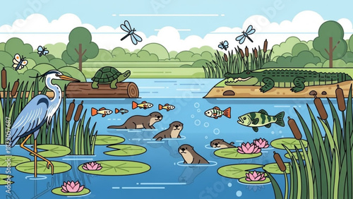 A serene pond ecosystem with a heron standing on lily pads surrounded by fish otters turtles and a crocodile in a natural landscape with cartoon