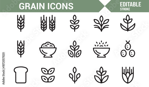 Editable grain and cereal crop icons collection