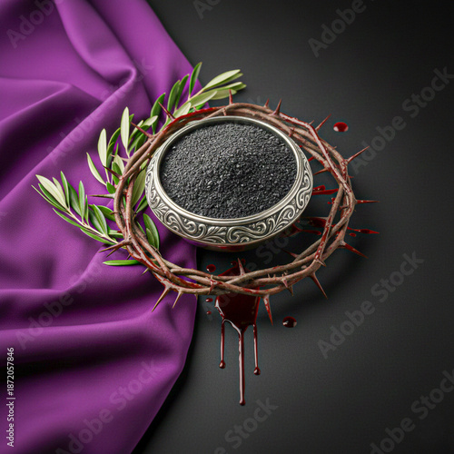 PRATO CERIMONIAL DA QUARTA-FEIRA DE CINZAS E COROA DE ESPINHOS EM UM CONCEITO CRISTÃO CATÓLICO