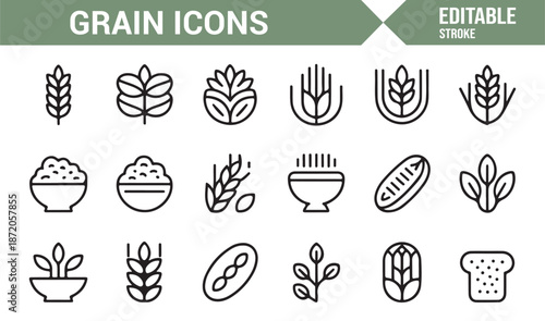 Grain icon set in editable outline vector style for agriculture and food