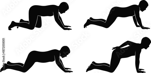 Crawling exercise variations, quadruped movement, bear crawl posture, fitness training, core workout, rehabilitation drills, bodyweight mobility, athletic conditioning, silhouette poses