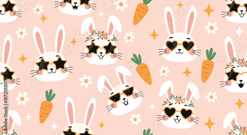 Cute seamless pattern featuring white bunny heads with heart and star sunglasses, orange carrots, and spring flowers on a pink background.