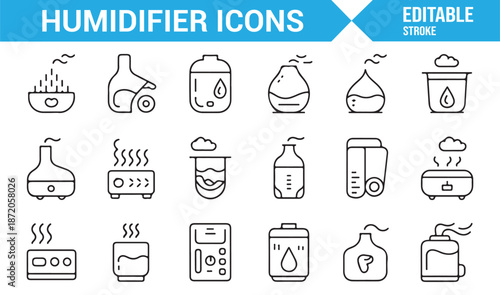 Home air moisture and humidifier icons in minimal outline style