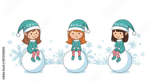 Three cute little Christmas elves wearing teal outfits and hats sitting on large white snowballs against a snowy background with snow.