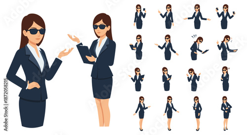 Professional woman in a dark business suit and sunglasses shown in multiple poses including presenting, talking, and working with papers.