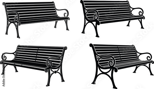 Park bench design variations, outdoor seating styles, urban furniture concept, decorative metalwork, landscape architecture elements, stylized bench illustration, public park decor