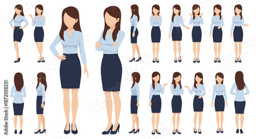 Character sheet of a woman in business casual attire with various poses, front, side, and back views for animation and design projects.