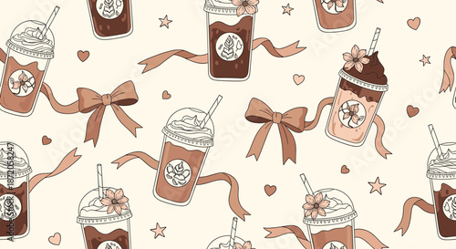 Aesthetic seamless pattern featuring iced coffee cups, chocolate drinks, decorative bows, ribbons, hearts, and stars on a cream background.