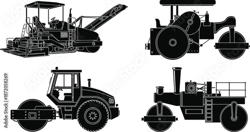 Road construction vehicles, asphalt paver, steamroller, vibratory roller, heavy machinery, compaction equipment, infrastructure, vintage roller, paving machine, engineering