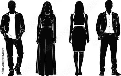 Silhouette fashion illustration, casual outfit, formal attire, gown style, dress design, clothing diversity, character concept, apparel comparison, style contrast