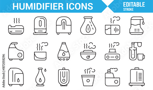 Air humidifier and vapor device editable vector icon set