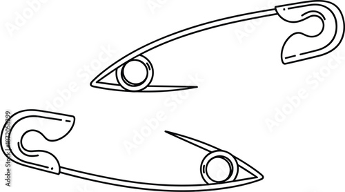 Safety pin outline illustration set, minimalist line art of metal fasteners, sewing accessories isolated on white background, vector, clipart, design