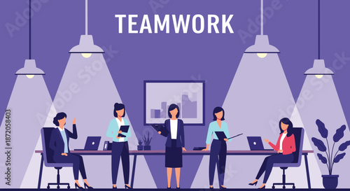 Professional businesswomen working together in a modern office under spotlights with the word teamwork displayed on the wall decoration.