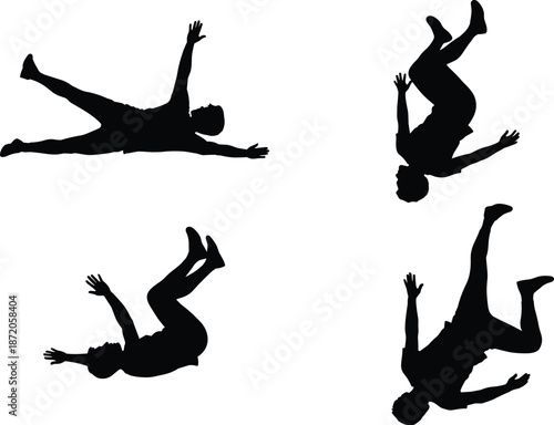 Silhouettes of falling person in motion, tumbling human figure, dynamic pose, gravity concept, black silhouette on white background