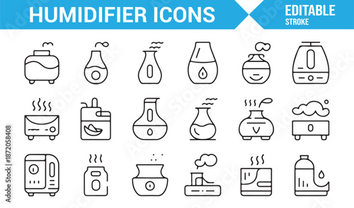 Humidifier icon set in editable outline vector style for home appliances