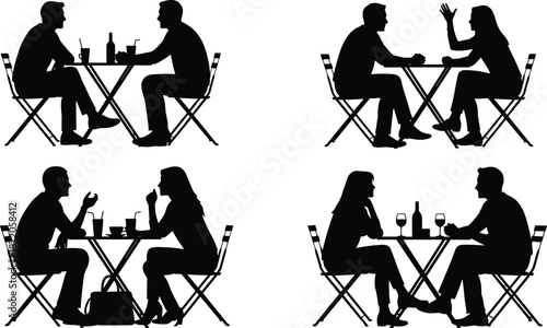 Silhouettes of people talking, social interaction, café scene, body language, restaurant conversation, casual meeting, human connection, dining atmosphere, communication moments