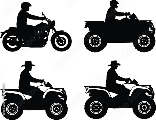 Silhouettes of riders on motorcycle and ATVs, outdoor adventure, wide-brim hats, off-road vehicles, black shadow figures, transportation concept
