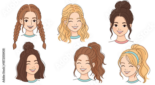 Collection of female avatars featuring diverse hair colors and modern hairstyles including braids, buns, ponytails, and loose waves.