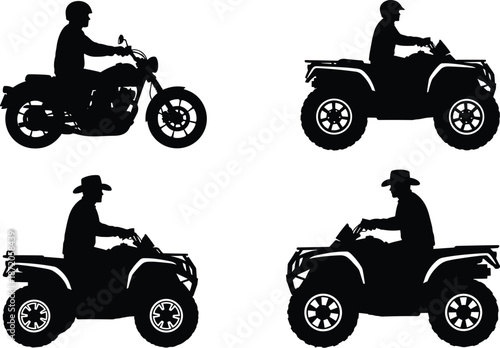 Silhouettes of riders on motorcycle and ATVs, cowboy hats, outdoor adventure, off-road vehicles, black icons, transportation concepts, side view