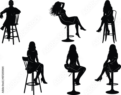 Silhouettes, seated figures, stool posture, ergonomic sitting, chair design, modern seating, body contour, bar stool, pose study, interior concept