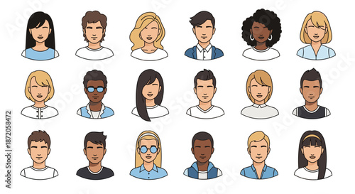 Diverse collection of eighteen male and female avatars with various ethnicities, hairstyles, and accessories for community profile icons.