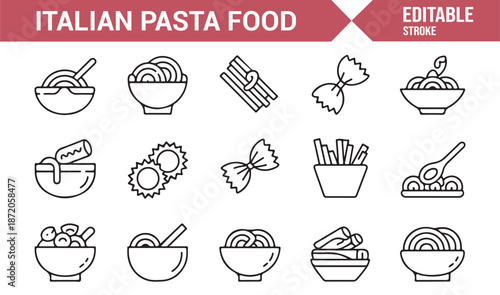 Pasta and Italian food editable icon set for restaurants and cafes