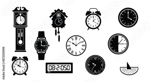 Collection of diverse timekeeping devices including clocks hourglasses and wristwatches