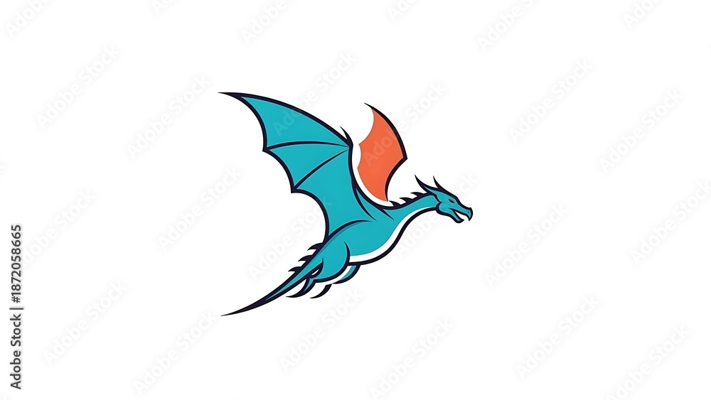 Obraz premium Flying dragon illustration teal orange and white on white