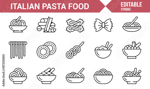 Pasta meal and Italian cuisine outline icon set